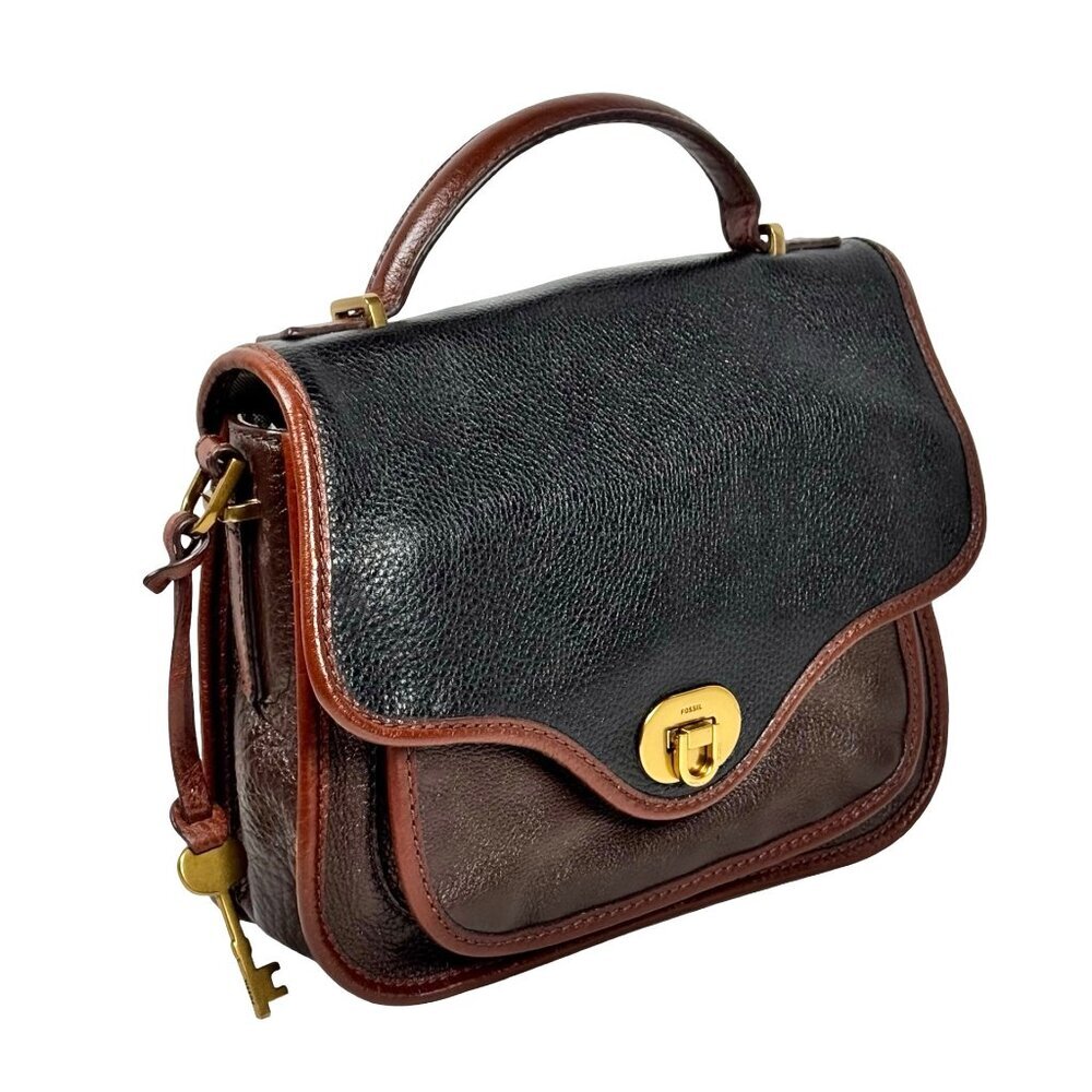 Fossil Heritage Crossbody Bag Top Handle Black Brown Leather Preppy - Picture 3 of 16
